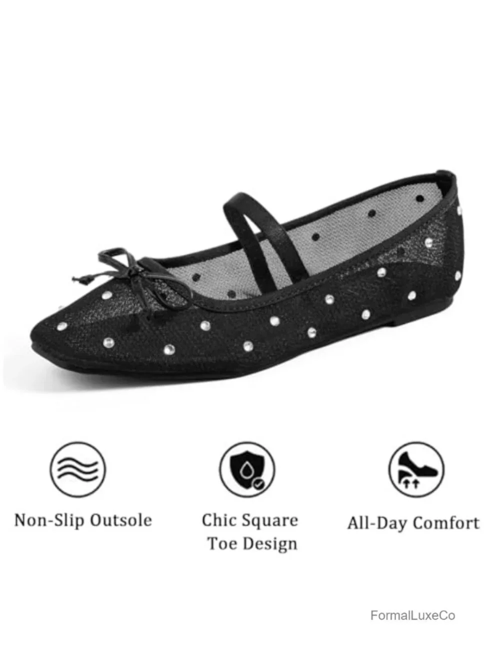 Square Toe Rhinestone Ballet Flats - Slip On Mesh Mary Jane Shoes
